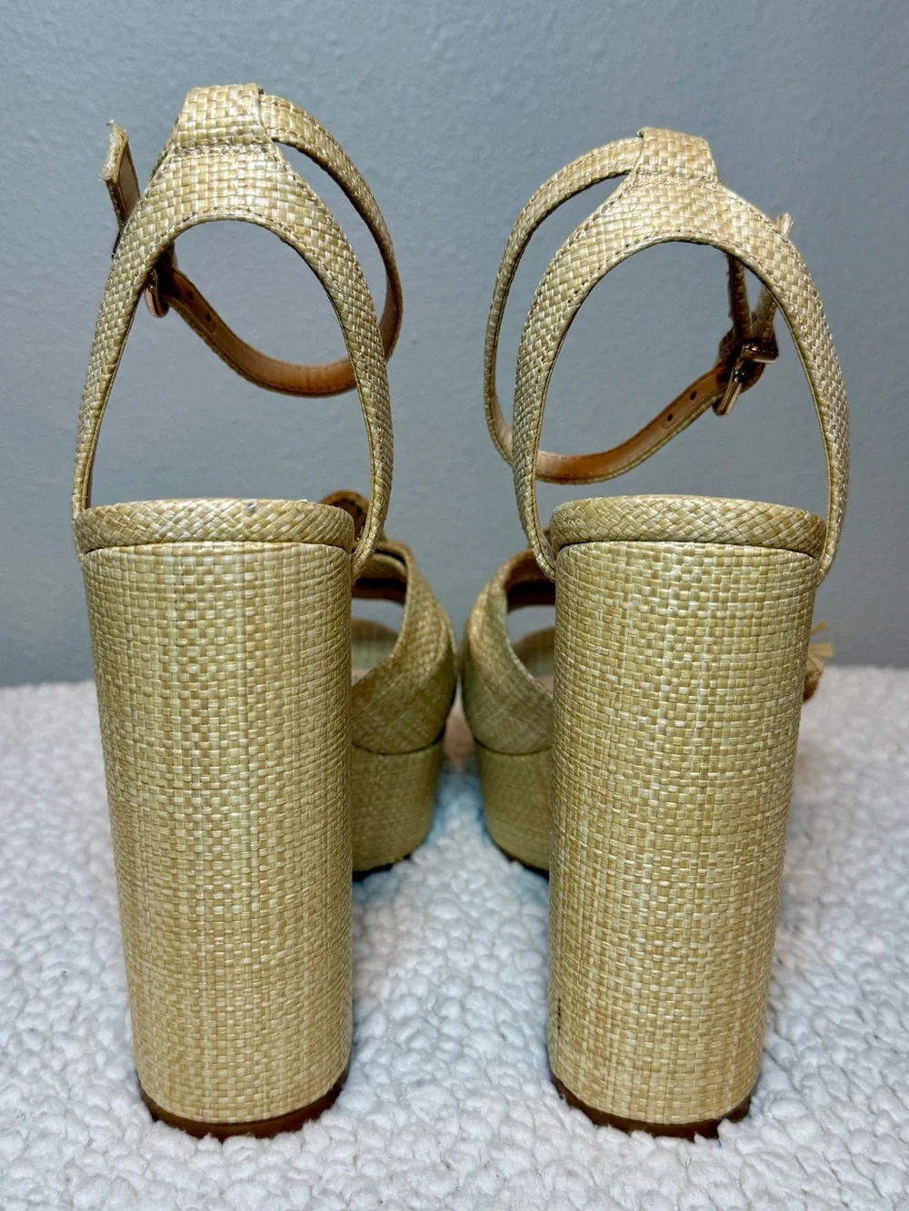 Gianni Bini Raffia Mismatched Buckle Platform Heels